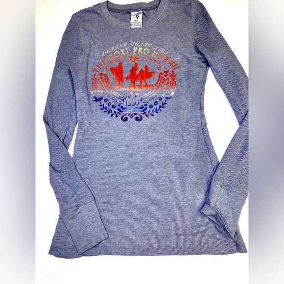 2 Roxy Y2K Thermals - Tan & Grey Long Sleeve Tees w/ Surfer Logo Rare Grail - Picture 3 of 16